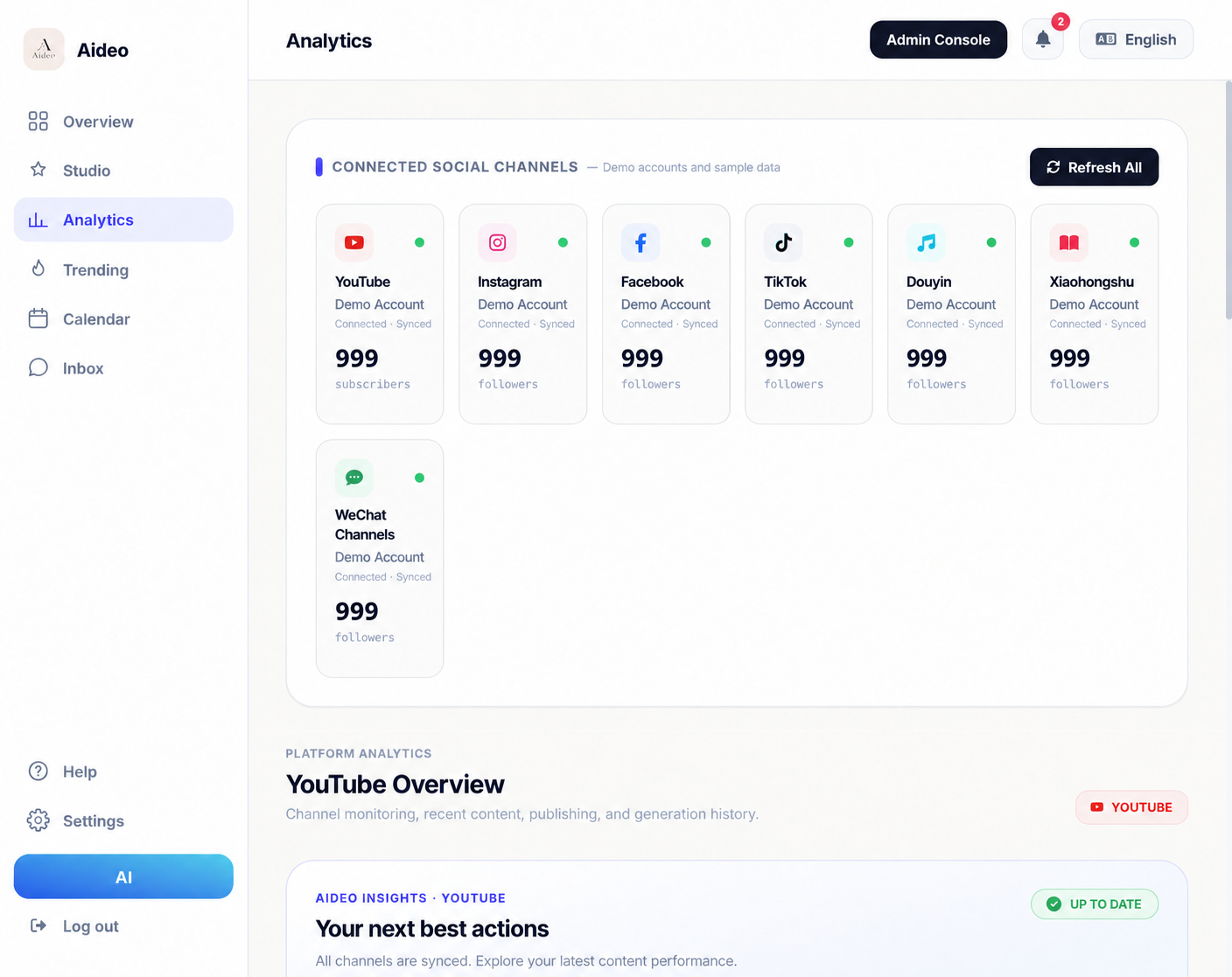 Aideo analytics dashboard — demo accounts and sample data
