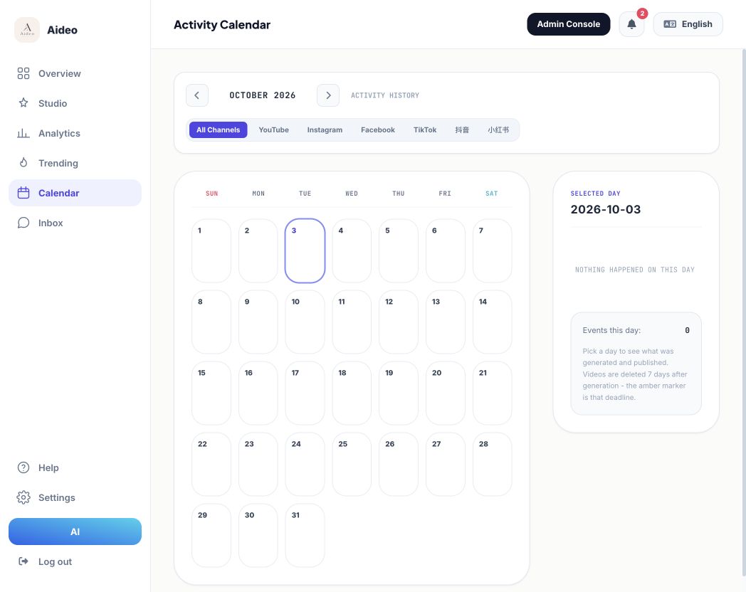 Aideo content calendar — actual product interface