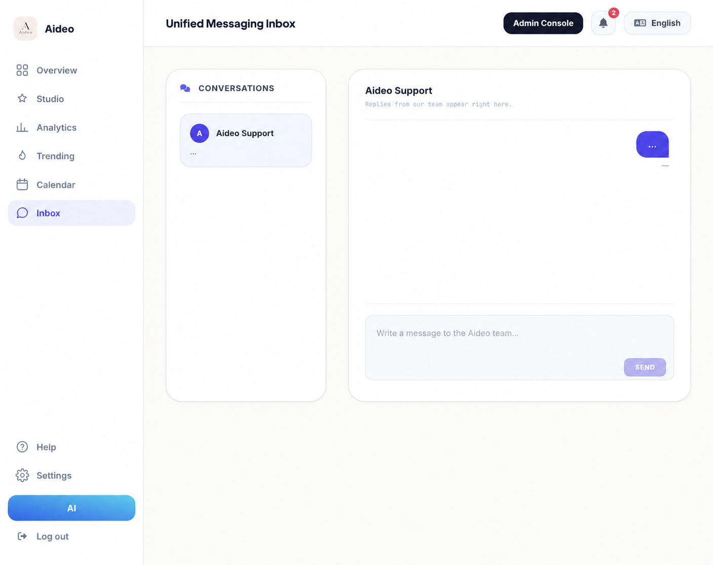Aideo inbox — actual product interface